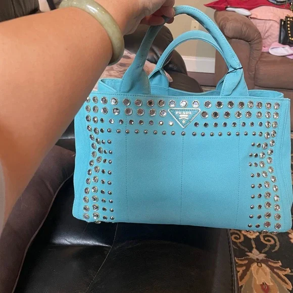 Prada Turquoise Studded Canvas Tote with Detachable Strap COA - Picture 5 of 16